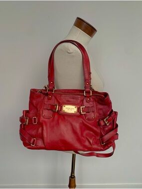 Michael Kors Red Leather Tote with Gold Plaque